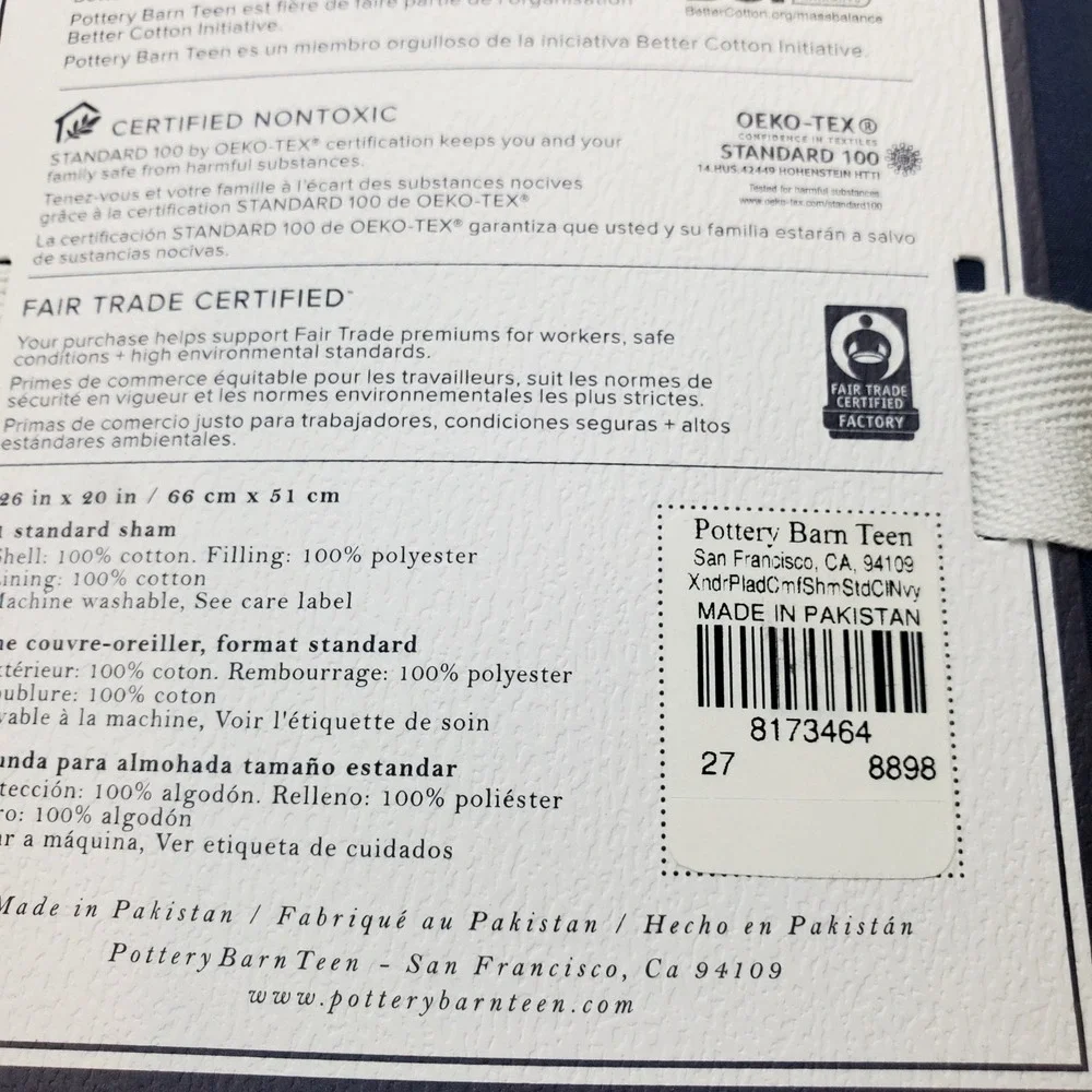 Pottery Barn Dorm Xander Blue Plaid Standard Sham 100% Cotton
